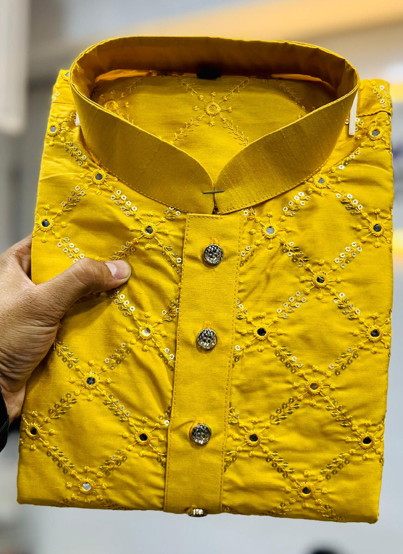 Yellow Silk Kurta Pajama Set for Baby Boys with Sequence Work