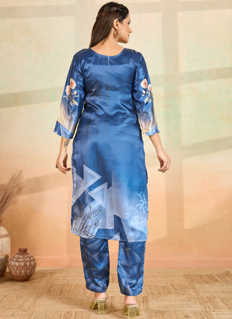 Blue Printed Cotton Rayon Kurta Pant Set for Women