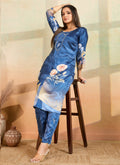 Blue Printed Cotton Rayon Kurta Pant Set for Women