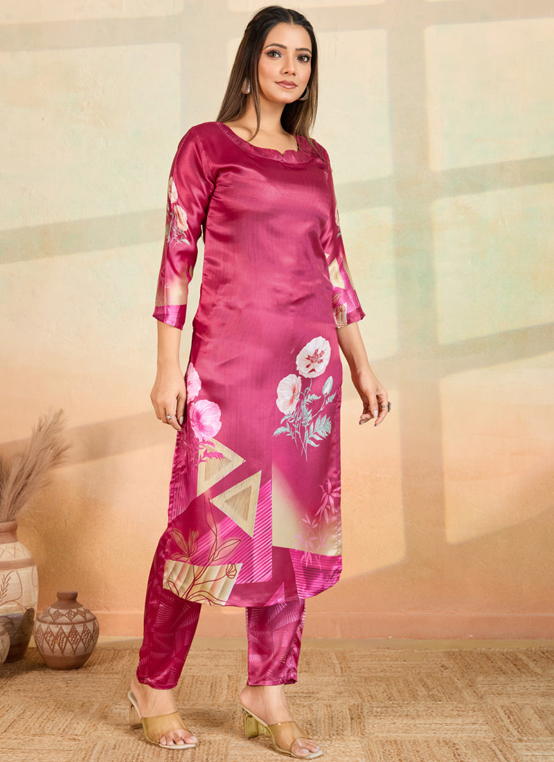 Pink Printed Cotton Rayon Kurta and Pant Set
