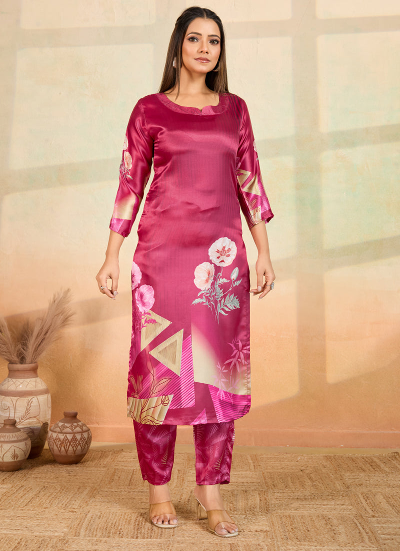 Pink printed cotton rayon kurta set with matching pants
