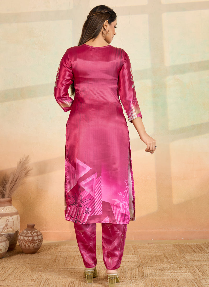 Pink Printed Cotton Rayon Kurta and Pant Set