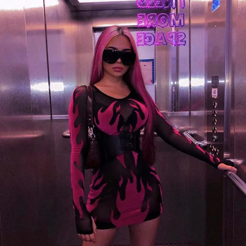 Women's Black and Pink Flame Print Long Sleeve Mesh Mini Dress - Image 3