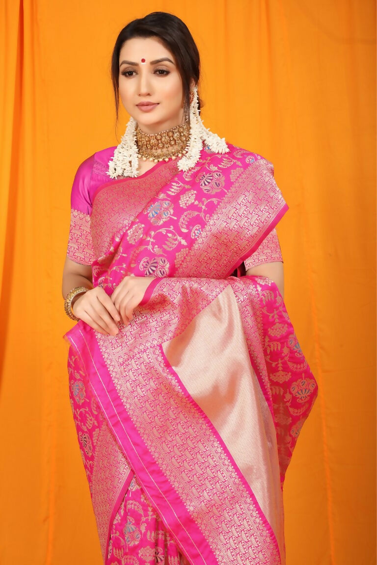 Rani Pink Kanjivaram Silk Zari Woven Saree with Matching Blouse
