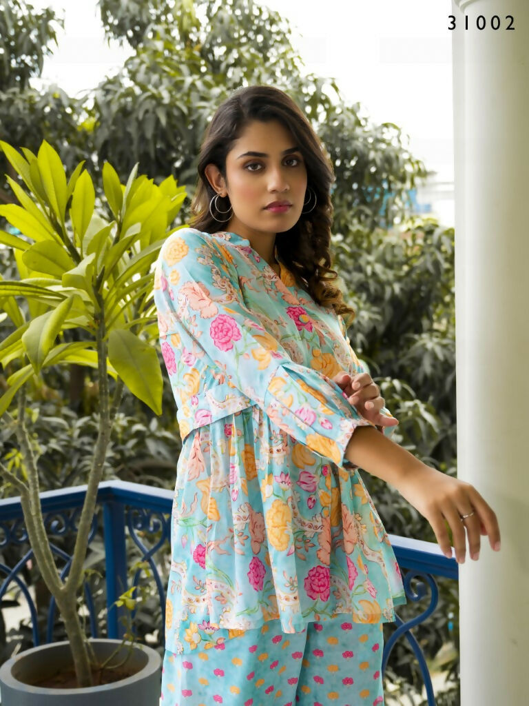 Multi & Sky Muslin Cotton Co-Ord Set - Manya Casual Two-Piece
