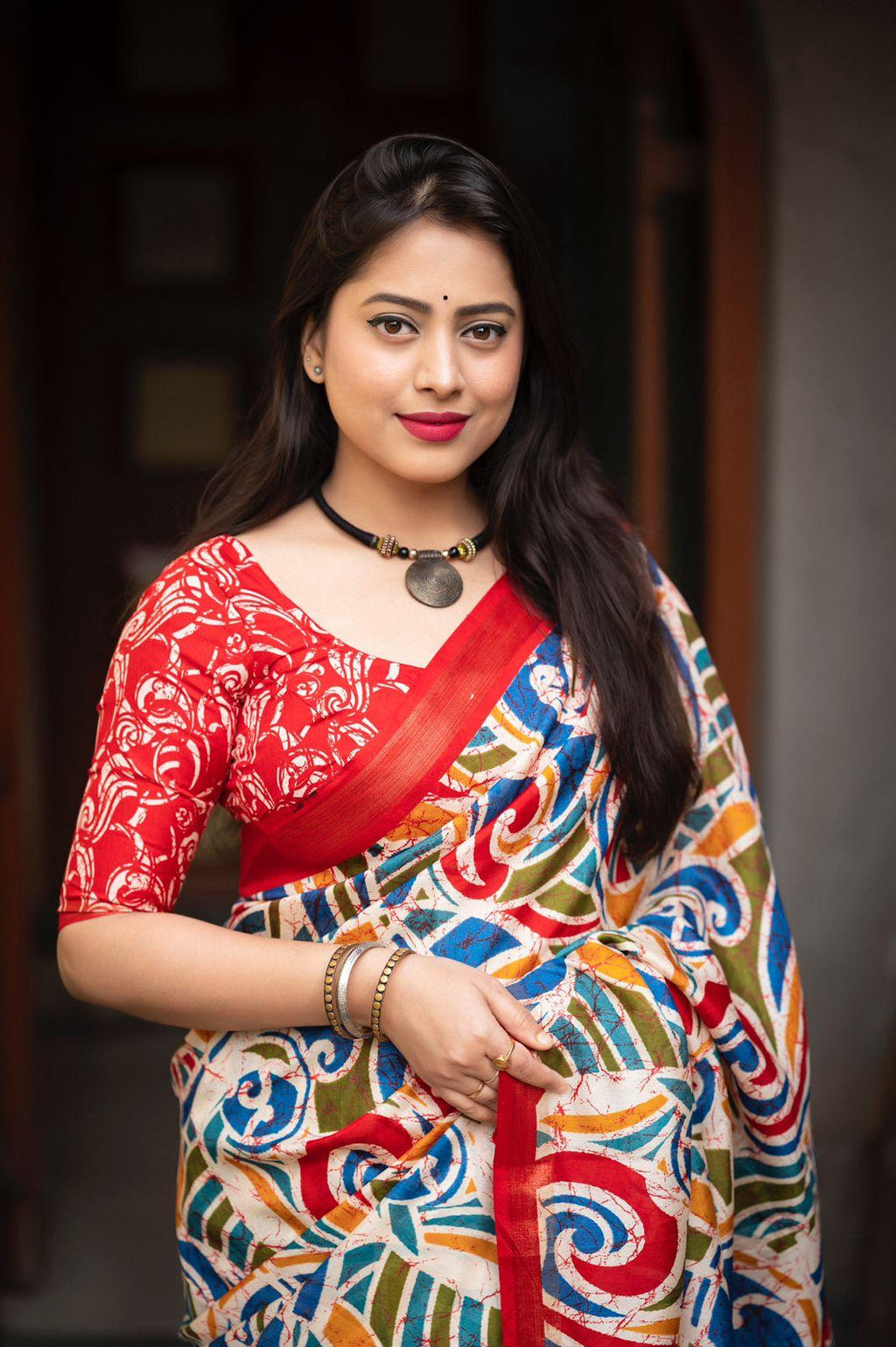 Red Cotton Crepe Batik Print Saree with Unstitched Blouse