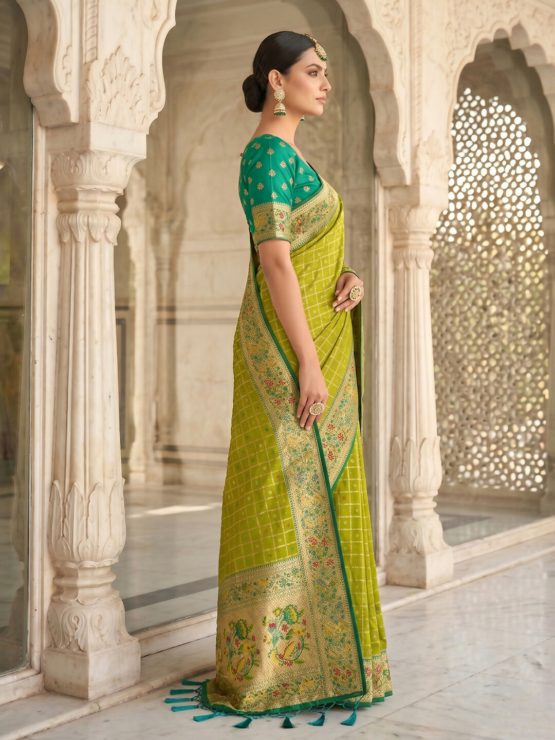 Green Banarasi Silk Blend Traditional Saree with Matching Blouse