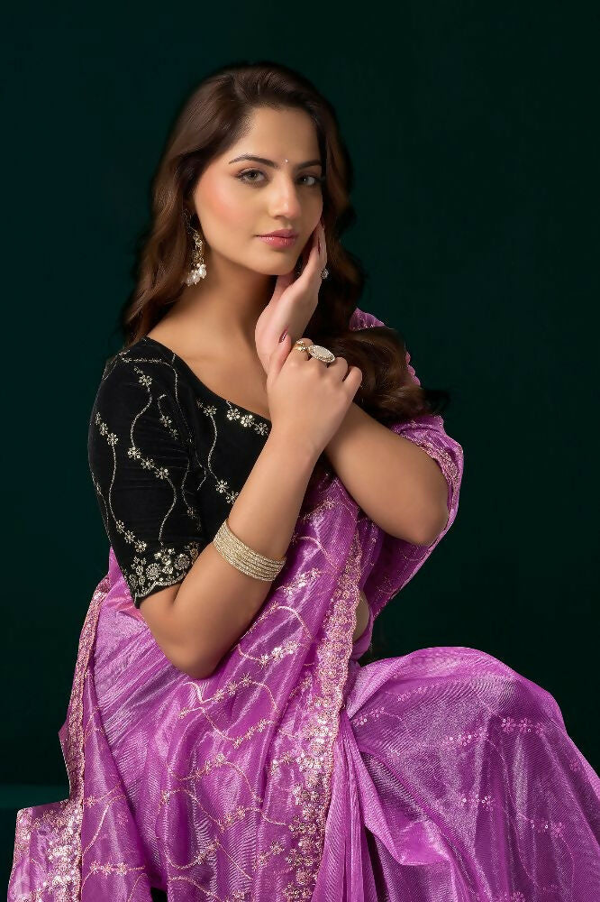Lavender Net Party Wear Saree with Black Velvet Blouse