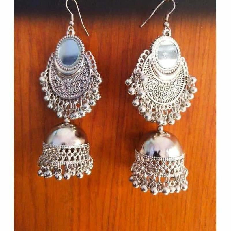 Oxidized silver half moon jhumka earrings with intricate traditional patterns