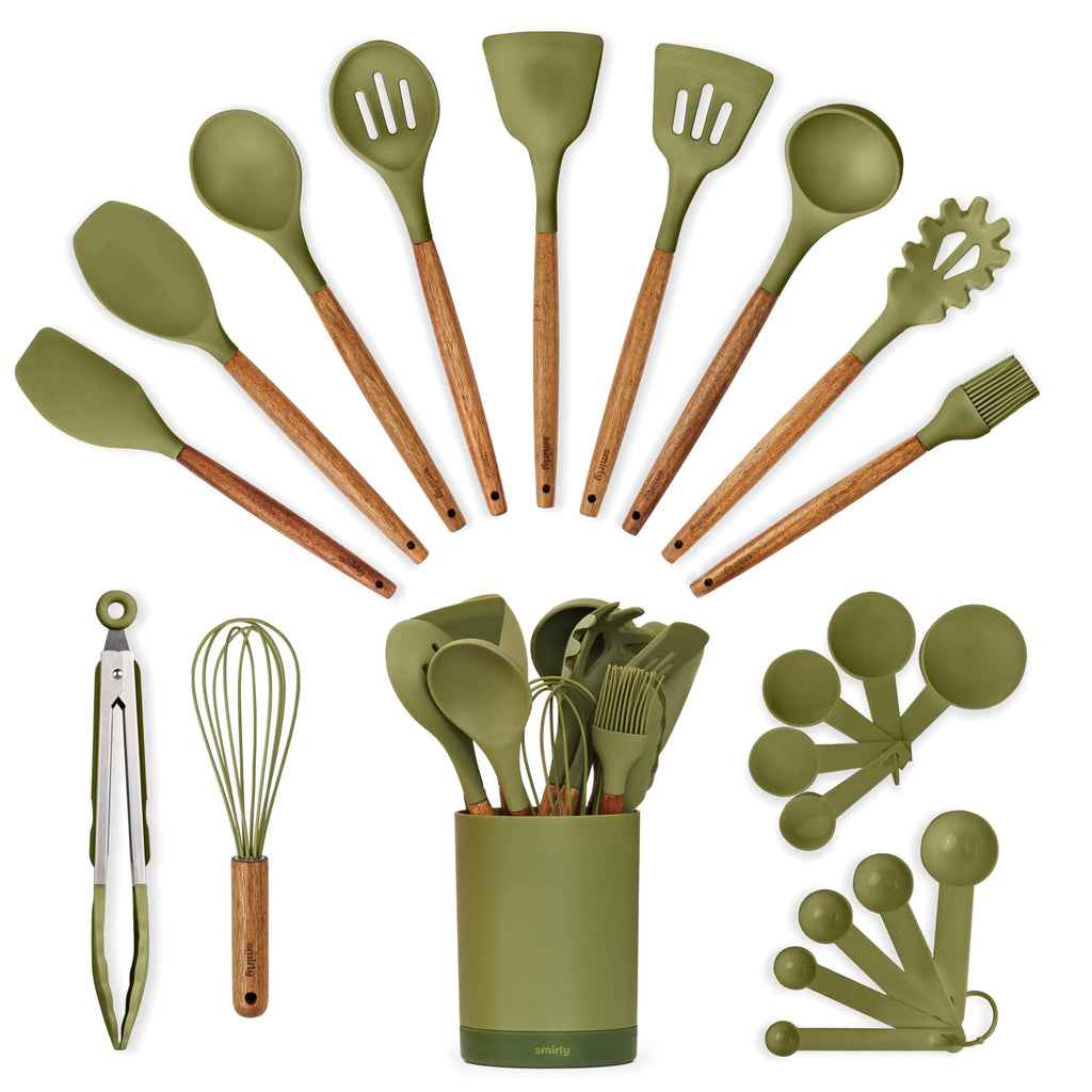 Silicone Kitchen Utensils Set & Holder: Cooking Utensils Set - Kitchen Essentials for New Home & 1st Apartment- Silicone Spatula Set Cooking Spoons for Nonstick Cookware (Acacia Wood Green)