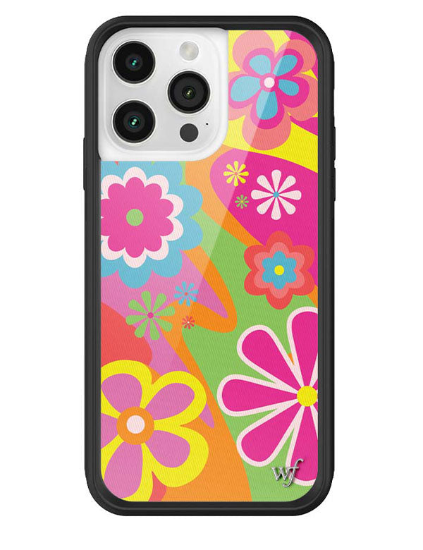 Close up of a vibrant retro-style floral iPhone case with pink, yellow, and green flowers, featuring a black bumper and silver logo emblem.