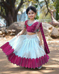 Close up of a classy wine heavy chenille sequins embroidered lehenga choli set for girls
