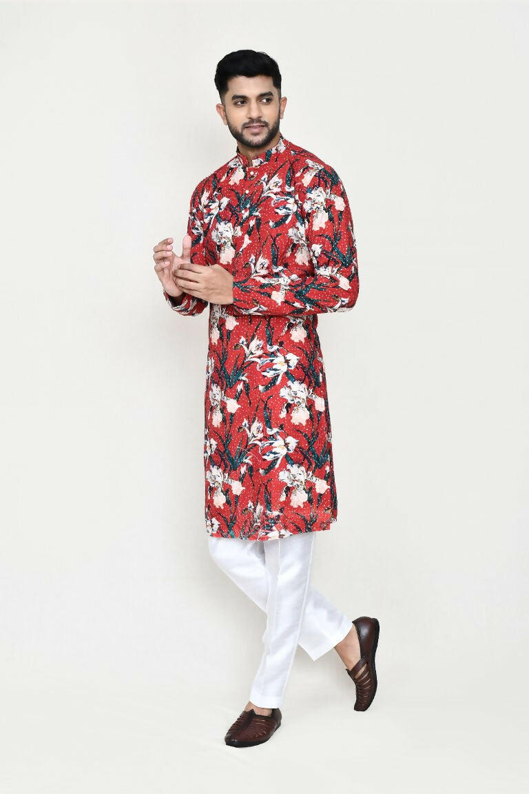 Maroon Rayon Kurta with Thread & Sequence Work and White Pant