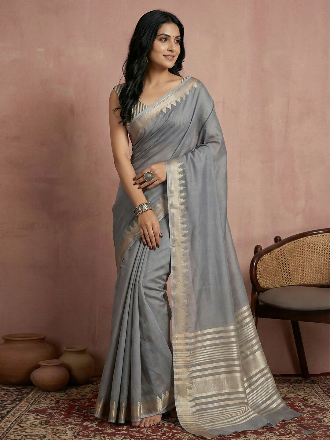 Classic gray cotton saree suitable for daily and office wear