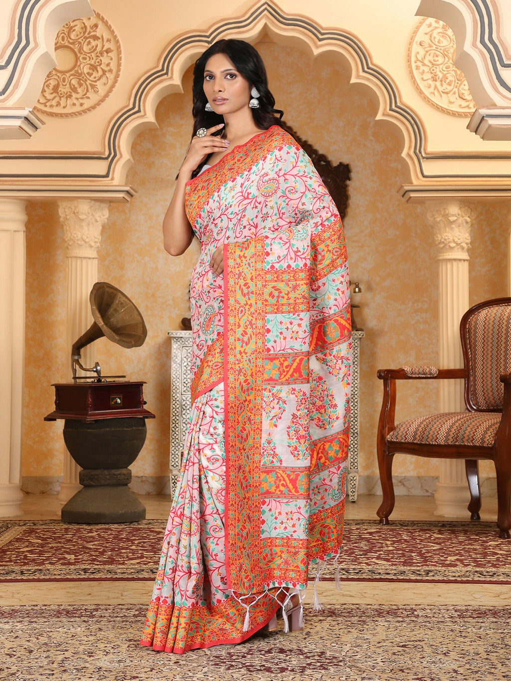 White orange and teal linen cotton saree with traditional woven details