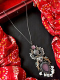 Onion pink Monalisa stone pendant necklace with dual tone beaded chain