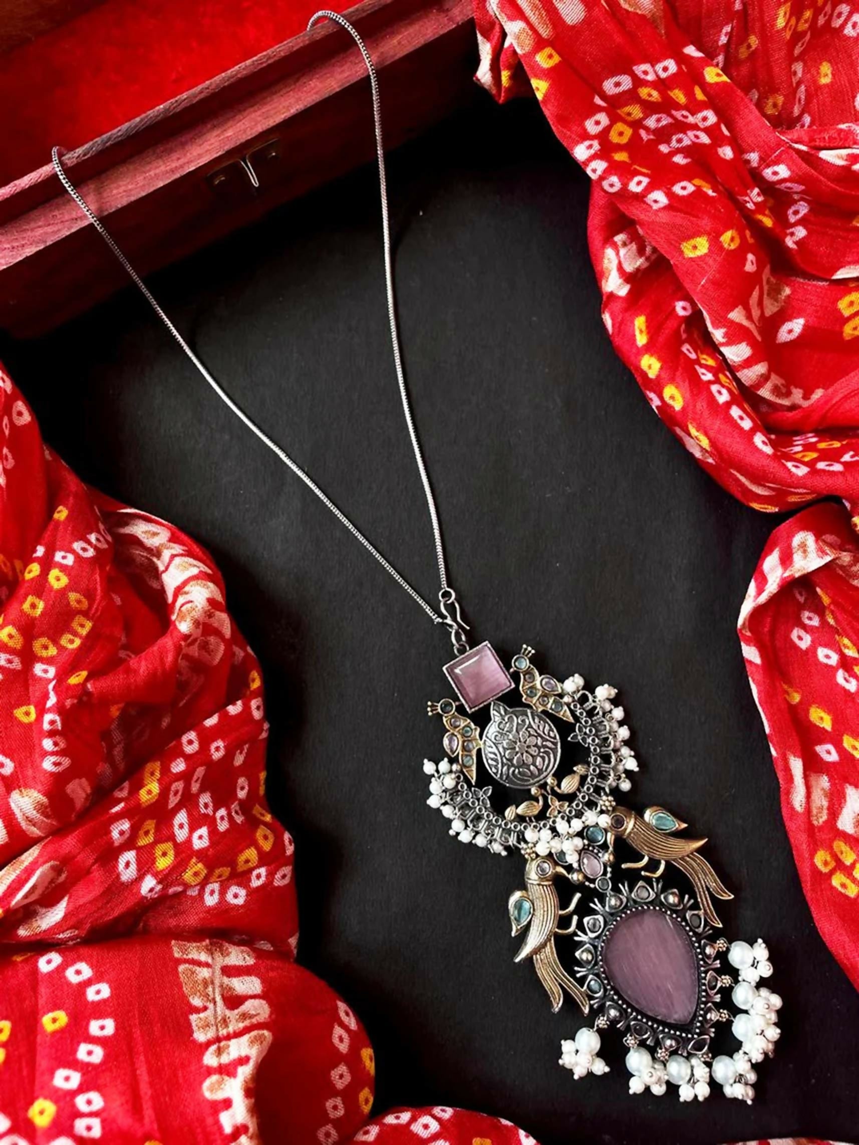 Onion pink Monalisa stone pendant necklace with dual tone beaded chain