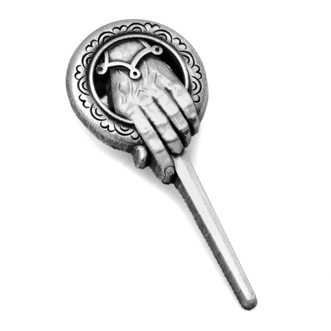 Antique silver Game of Thrones Hand of the Queen lapel pin on white background