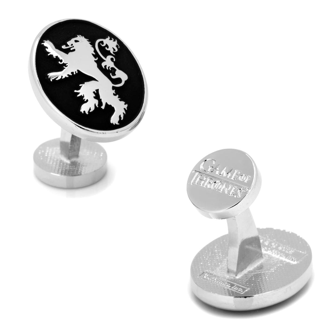 A pair of round, silver-tone cufflinks featuring the House Lannister lion sigil on a black background, with Game of Thrones branding on the backing.