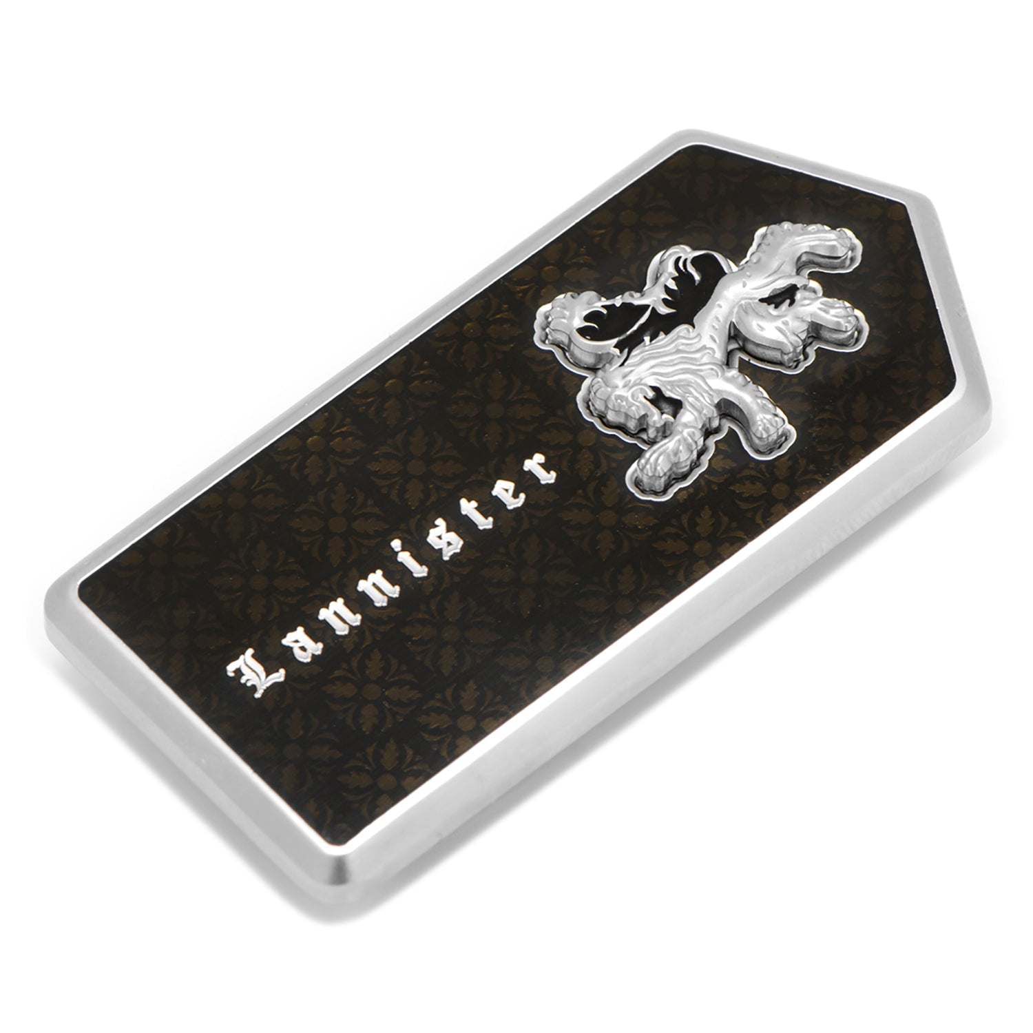 Game of Thrones Lannister money clip featuring a raised silver lion sigil on a black filigree background