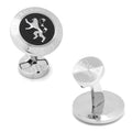 Game of Thrones Lannister lion sigil filigree cufflinks in stainless steel with matte black enamel detail.