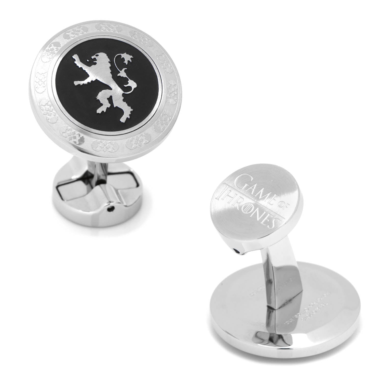 Game of Thrones Lannister lion sigil filigree cufflinks in stainless steel with matte black enamel detail.