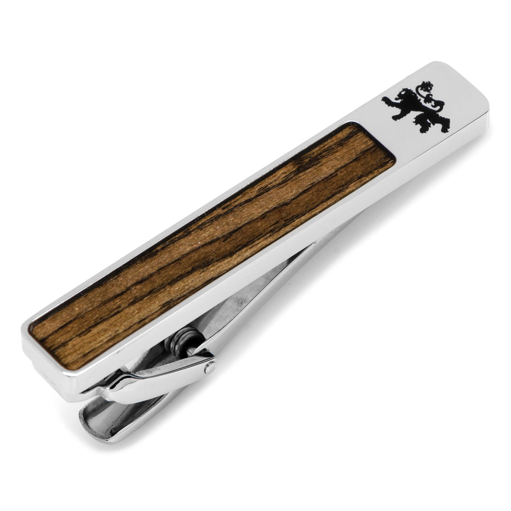 Game of Thrones House Lannister lion sigil tie clip with dark wood inlay on stainless steel base.