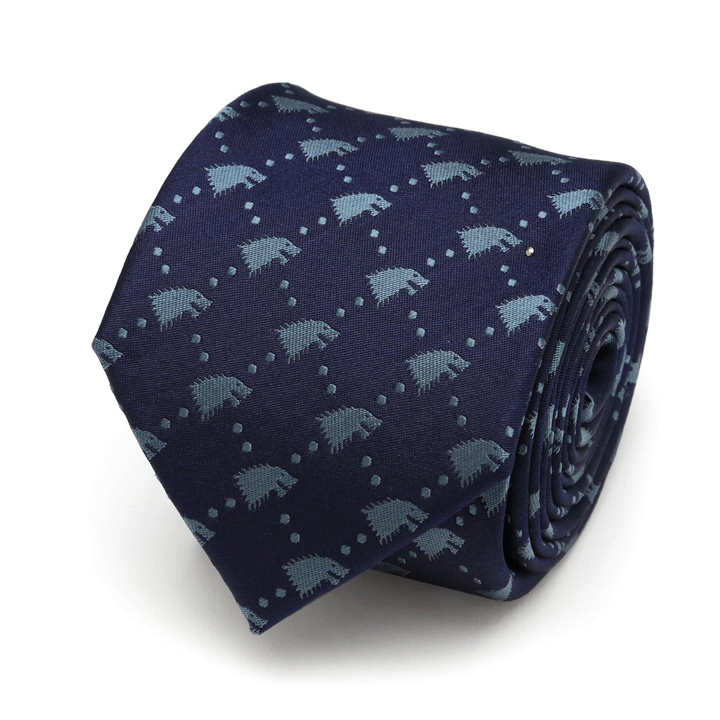 A navy blue slim silk necktie featuring a repeating pattern of pale blue Stark direwolf sigils from Game of Thrones.