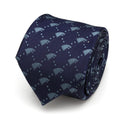 A navy blue slim silk necktie featuring a repeating pattern of pale blue Stark direwolf sigils from Game of Thrones.