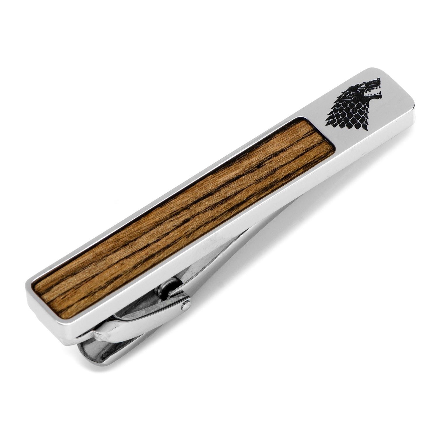 Game of Thrones Stark tie clip with direwolf sigil and wood inlay on a light background