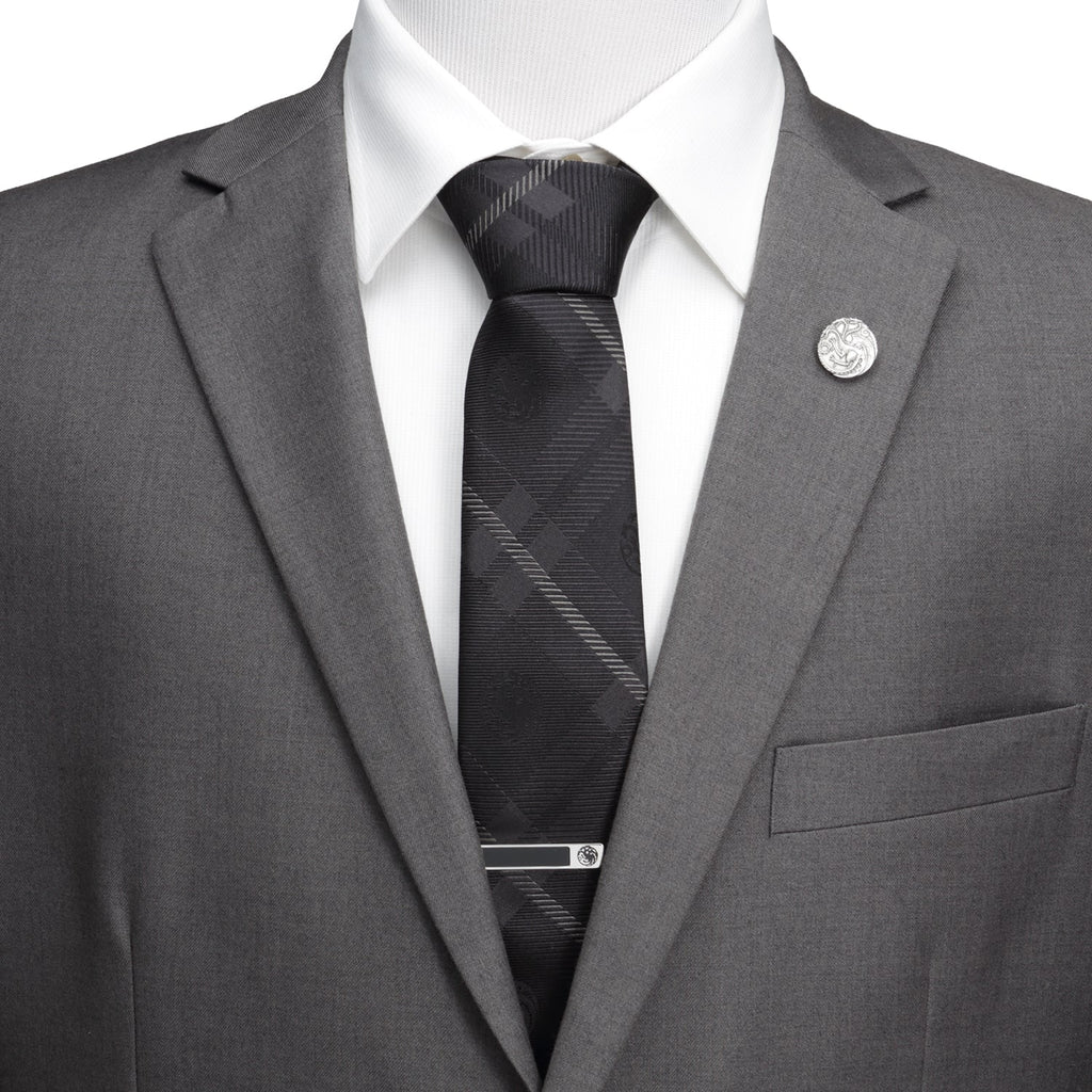 Game of Thrones House Targaryen Black and Gray Plaid Silk Tie - Image 2