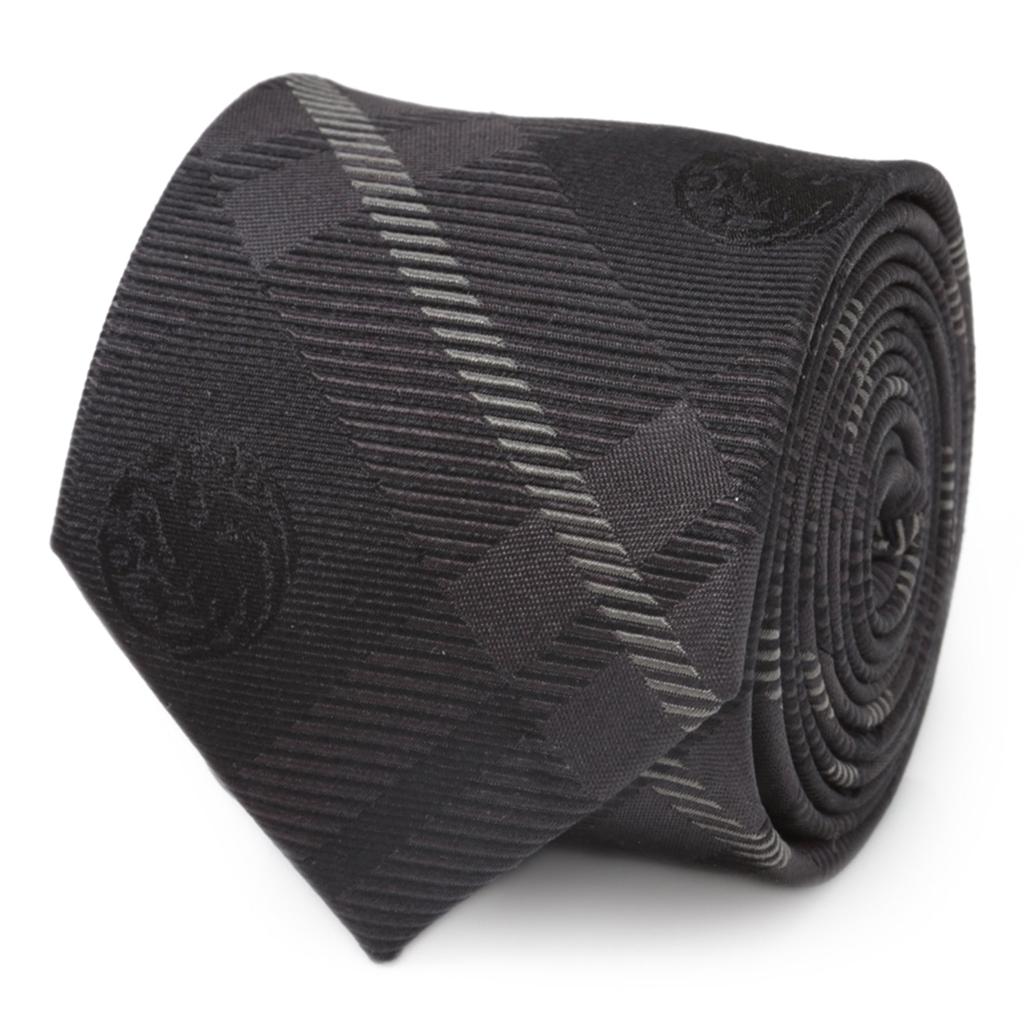 Close up of a black and gray silk plaid tie with a hidden Targaryen dragon sigil and a view of the tie styled with a suit