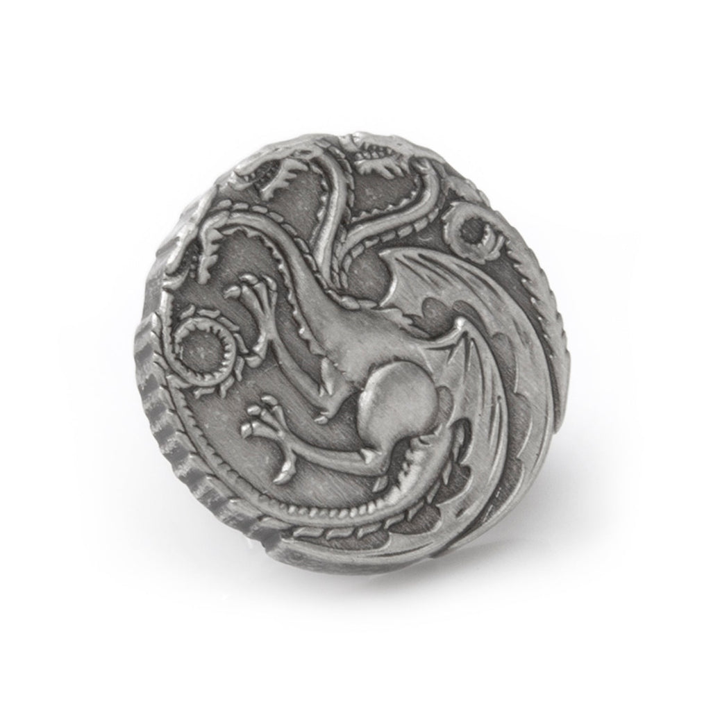 Antique silver finish Game of Thrones Targaryen dragon lapel pin showing three-headed dragon emblem