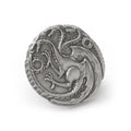 Antique silver finish Game of Thrones Targaryen dragon lapel pin showing three-headed dragon emblem