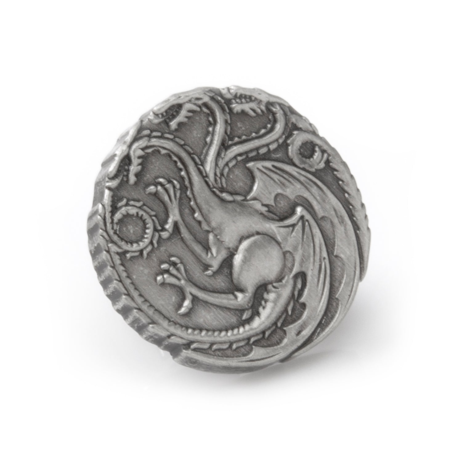 Antique silver finish Game of Thrones Targaryen dragon lapel pin showing three-headed dragon emblem
