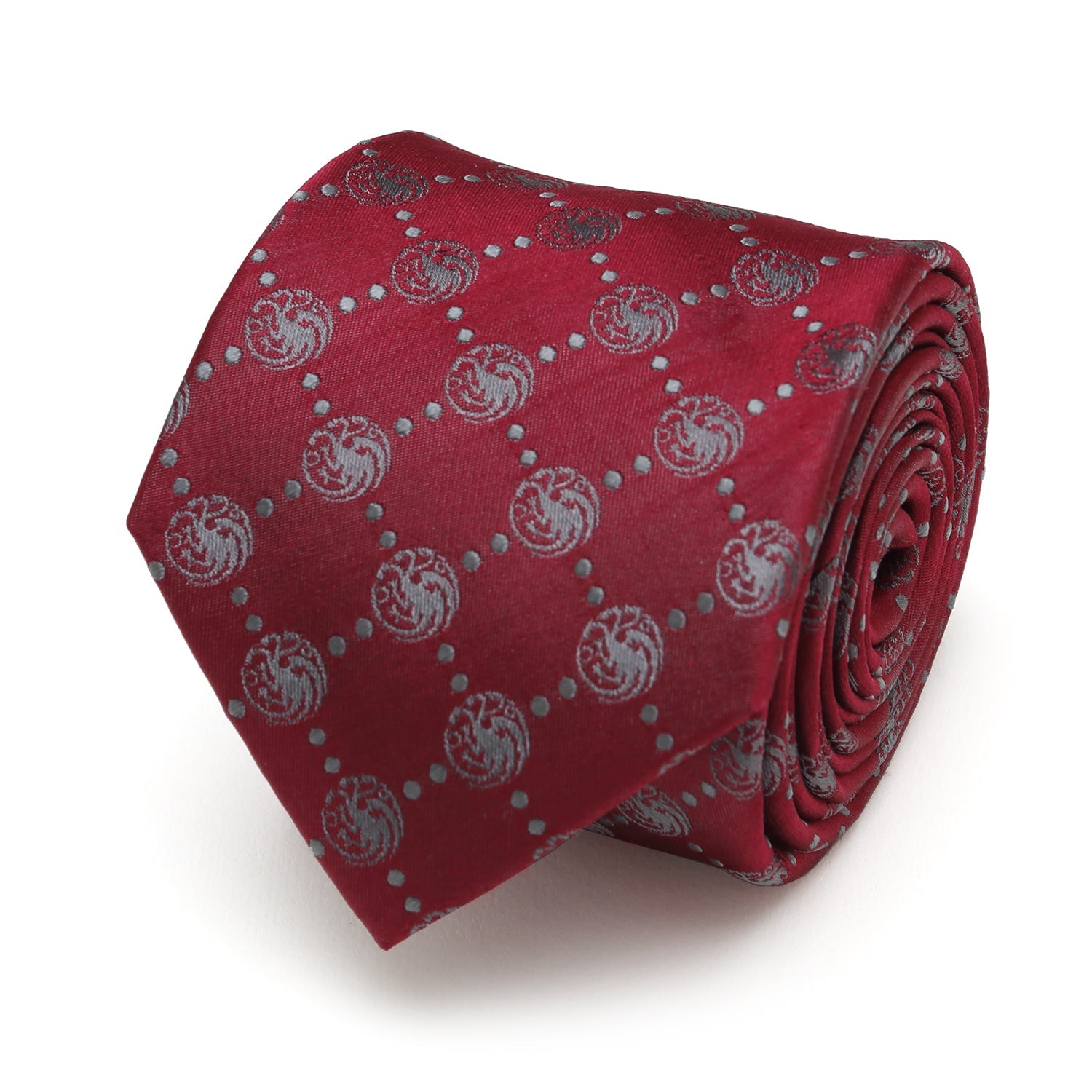 Game of Thrones Targaryen dragon sigil necktie in maroon silk with a grey diamond pattern.