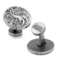 A pair of antique silver Targaryen dragon sigil cufflinks shown from front and back, featuring a Game of Thrones logo engraving.
