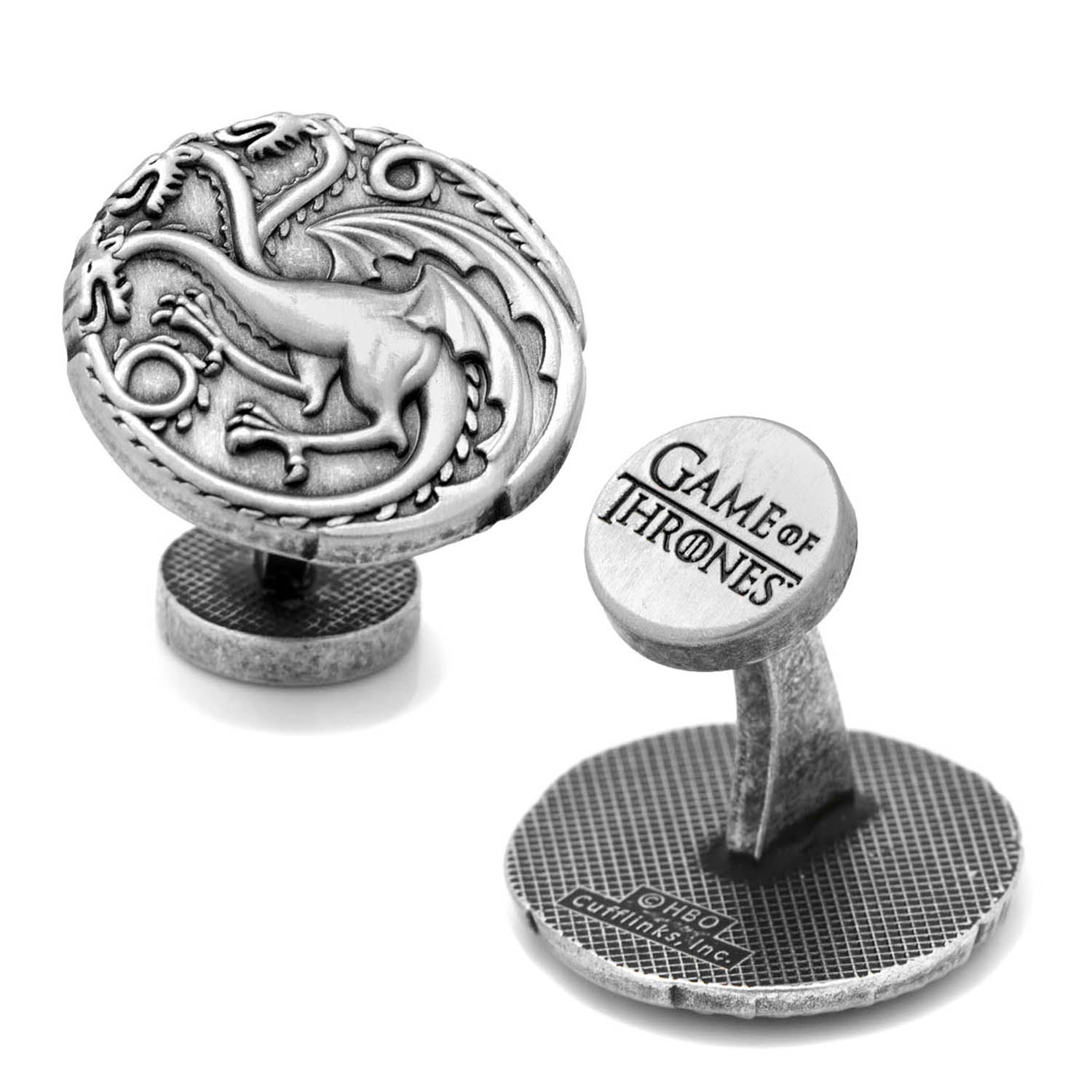 A pair of antique silver Targaryen dragon sigil cufflinks shown from front and back, featuring a Game of Thrones logo engraving.