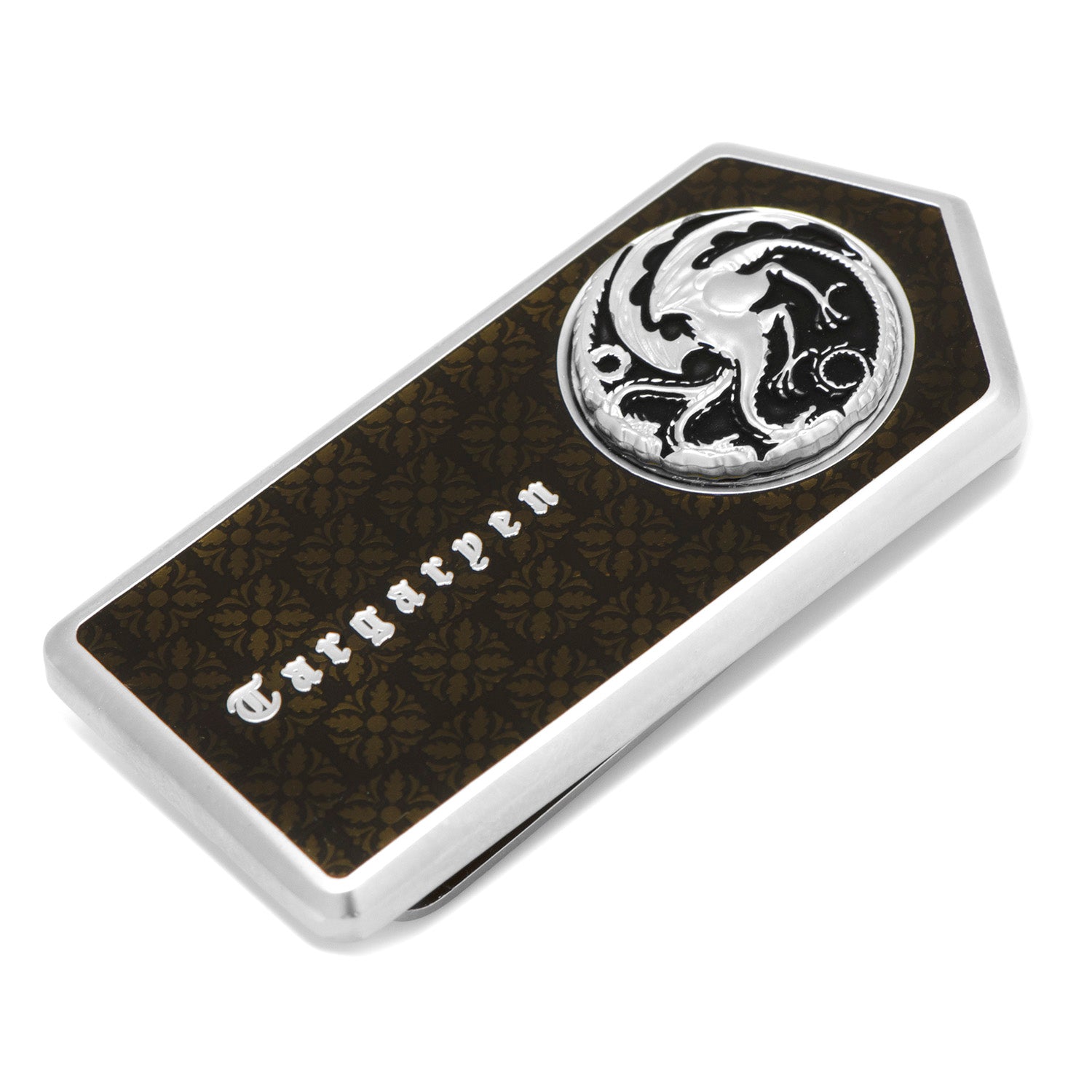 Silver tone Game of Thrones Targaryen money clip with dragon sigil and floral filigree background