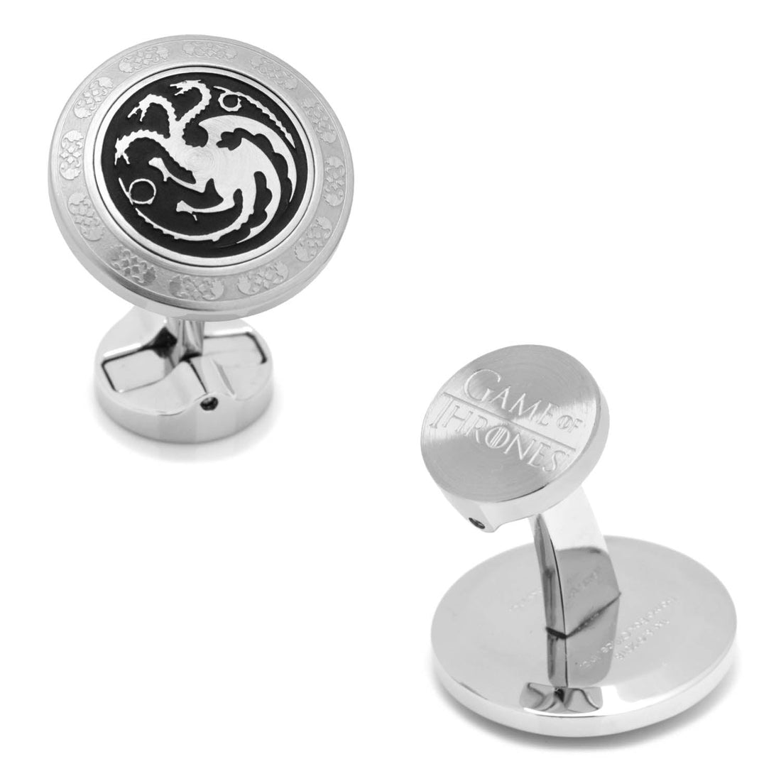 Close up of Game of Thrones Targaryen filigree cufflinks with three-headed dragon logo and etched backings