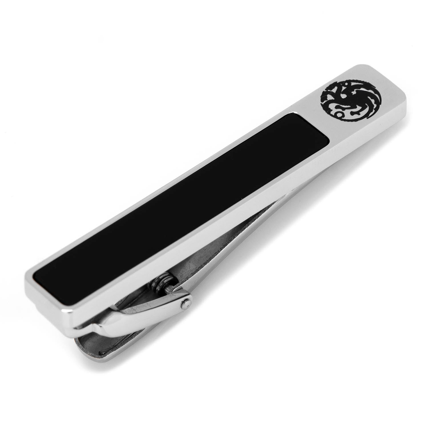 Silver Game of Thrones Targaryen tie clip with black onyx inlay and dragon sigil on a green necktie.
