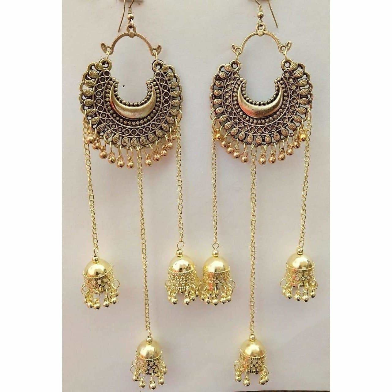 Gold-plated Afghani triple jhumka earrings featuring intricate metalwork.