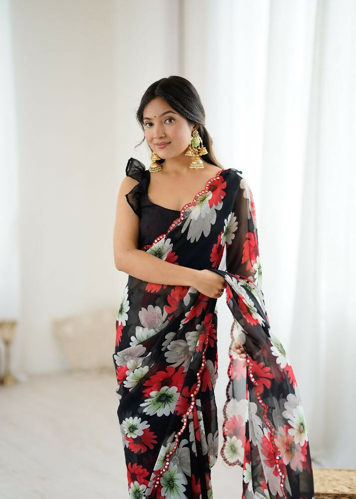 PR Fashion Black Georgette Printed With Mirror Work Saree