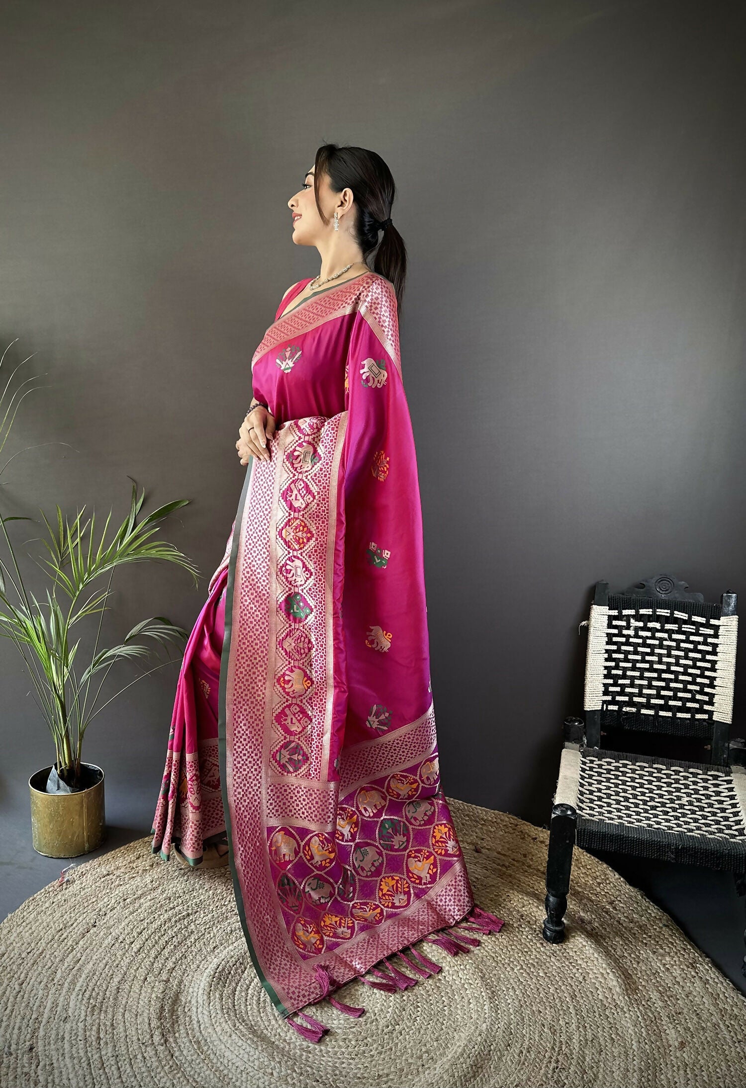 Pink Banarasi Saree with Elephant and Floral Motifs in Lichi Silk