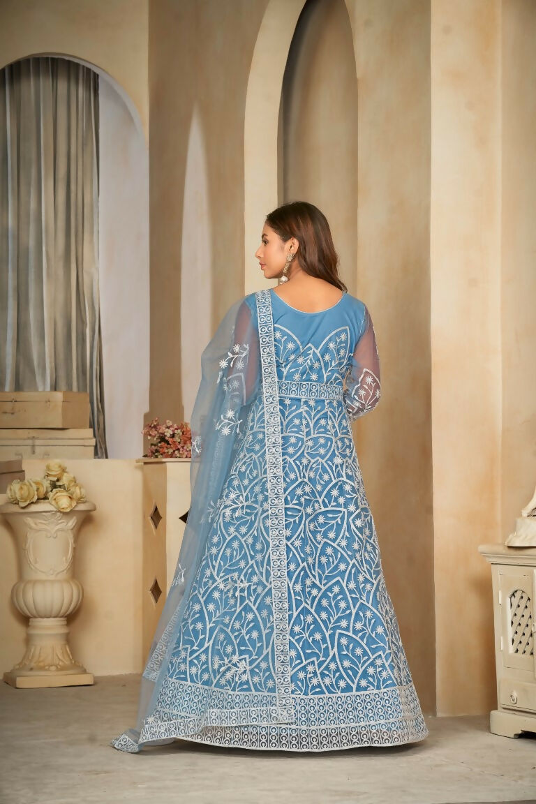 Sky Blue Net Embroidered Anarkali Kurta Pant Set with Dupatta