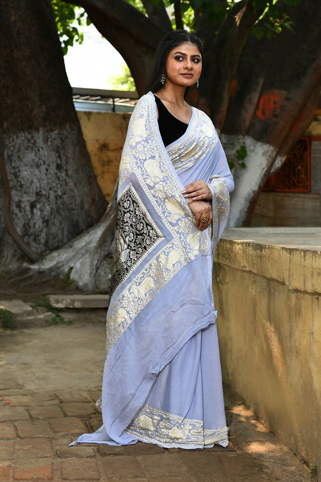 Silver Crepe Chiffon Pure Handloom Banarasi Silk Saree