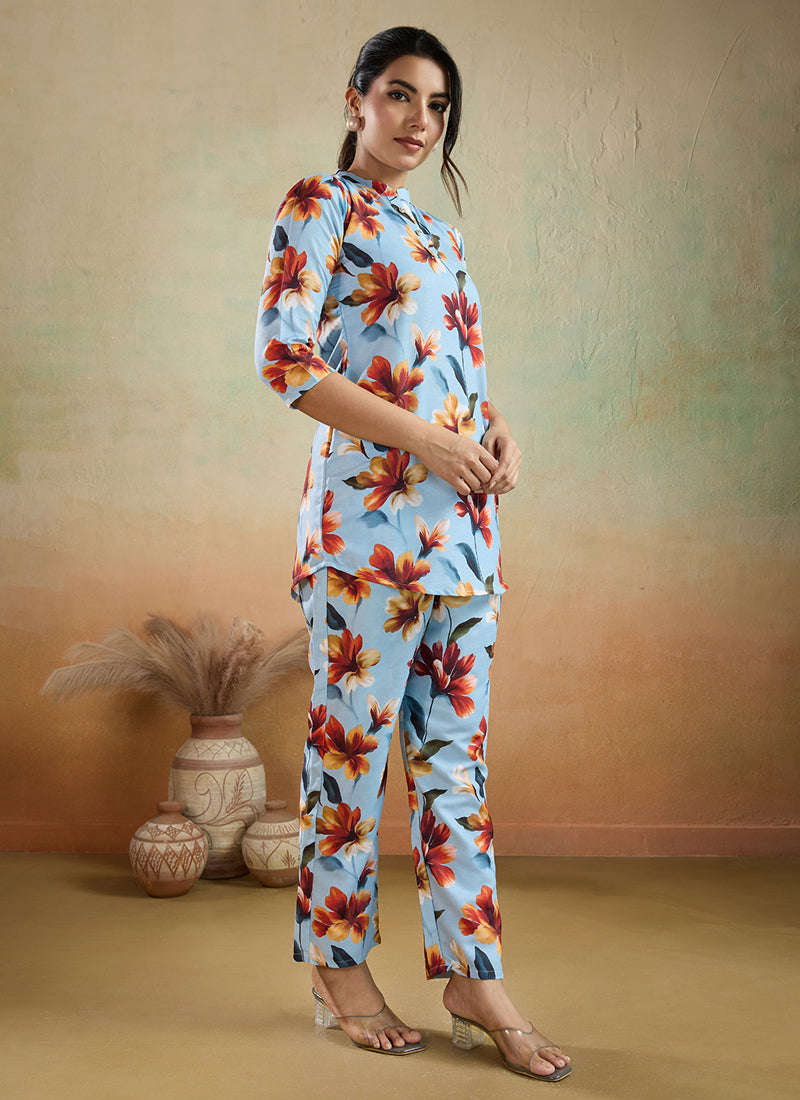 Sky Blue Printed Cotton Blend Co-Ord Set