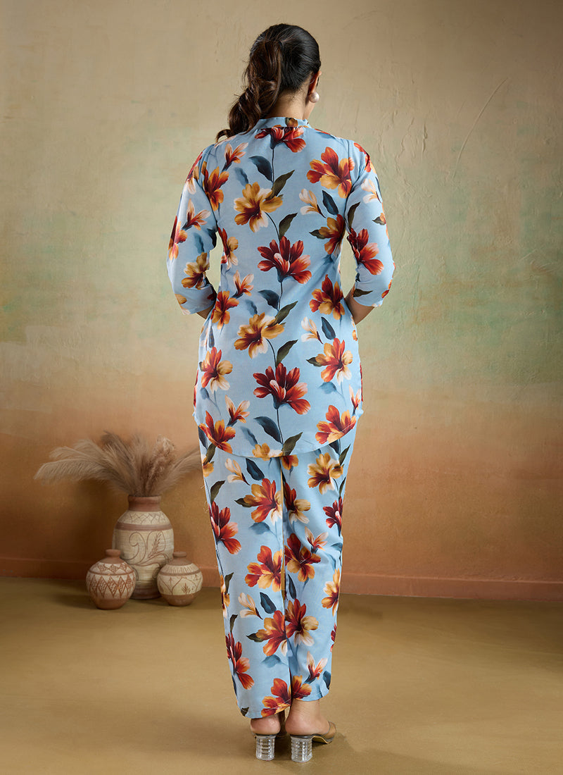 Sky Blue Printed Cotton Blend Co-Ord Set