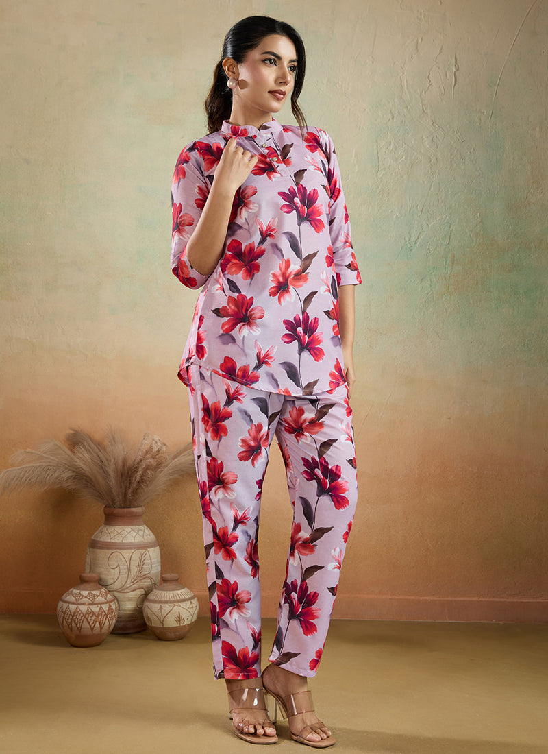 Light Pink Printed Cotton Blend Co-Ord Set for Women