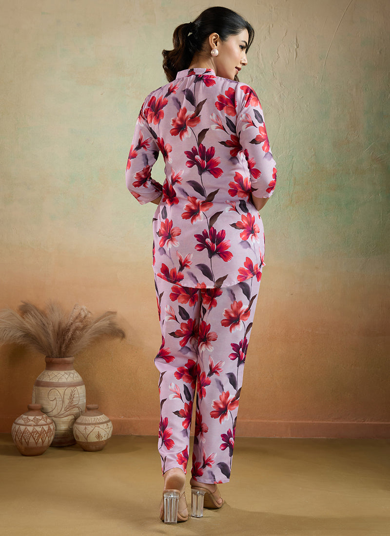 Light Pink Printed Cotton Blend Co-Ord Set for Women